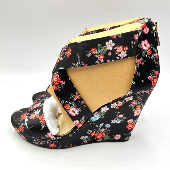 Jessica Simpson Womens Size 8.5 Jinxxi Black Floral Flower Wedges Sandals Shoes - Picture 5 of 14